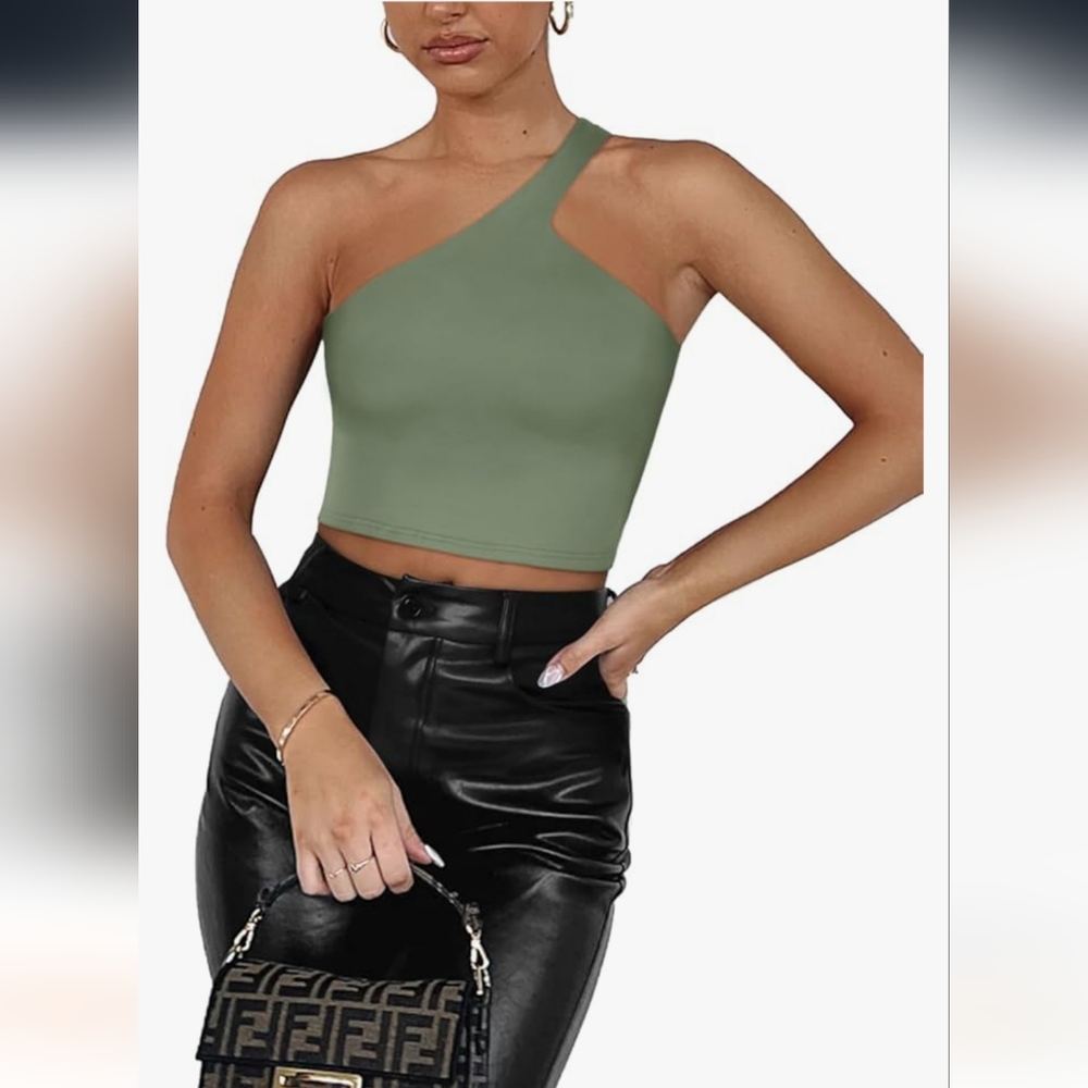Sexy One Shoulder Double Lined Seamless Backless Sleeveless Crop top sz S green‎